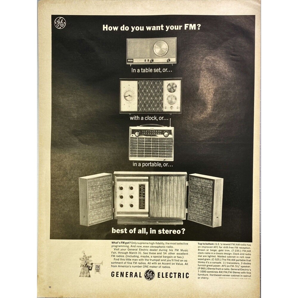 General Electric "How do you want your FM? Best of all in Stereo" Print Ad 1963